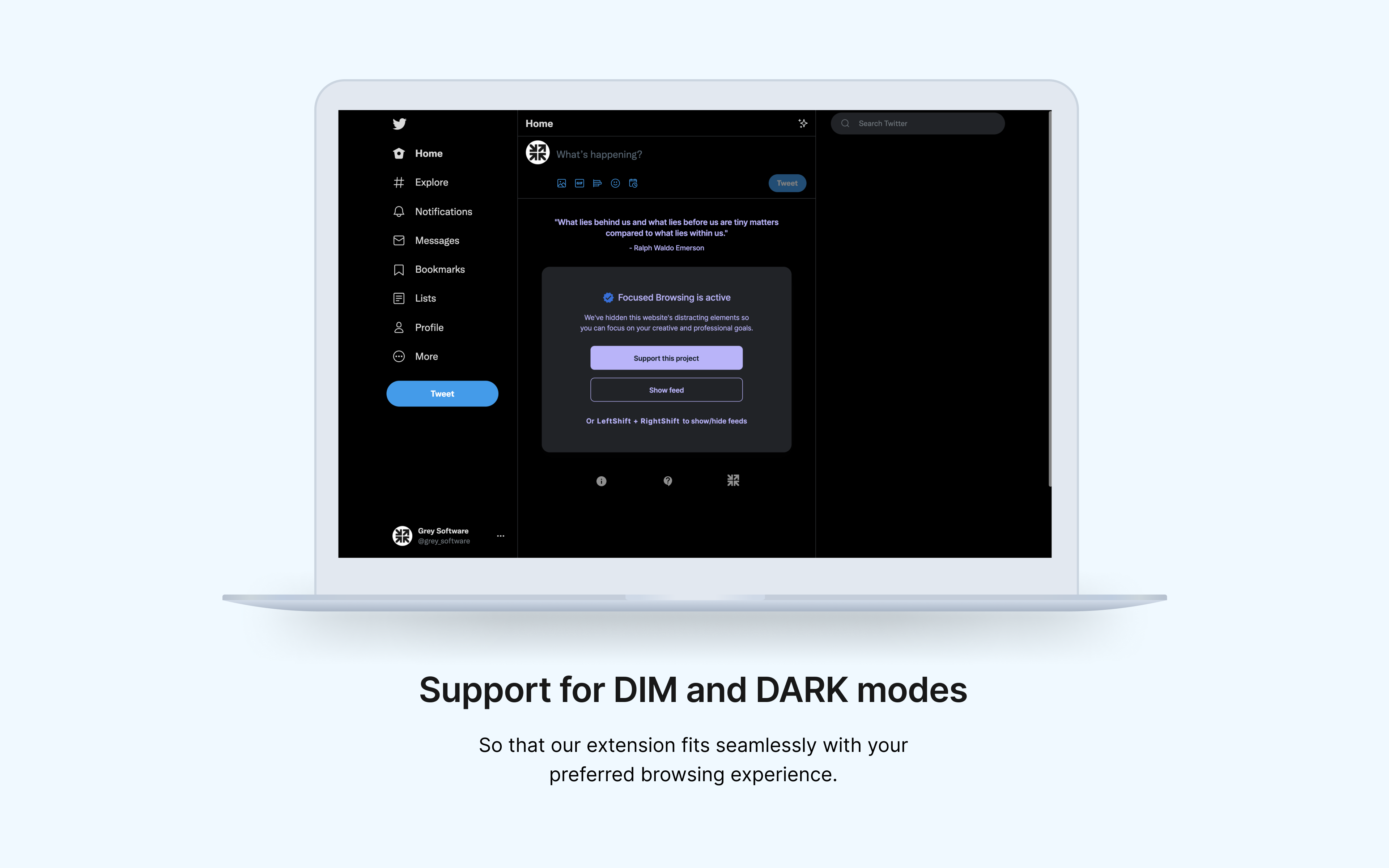 Screenshot showcasing Dim and Dark mode support